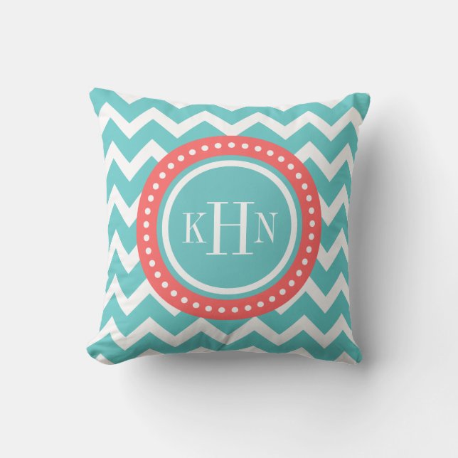 Turquoise and Coral Chevron Monogram Cushion (Front)