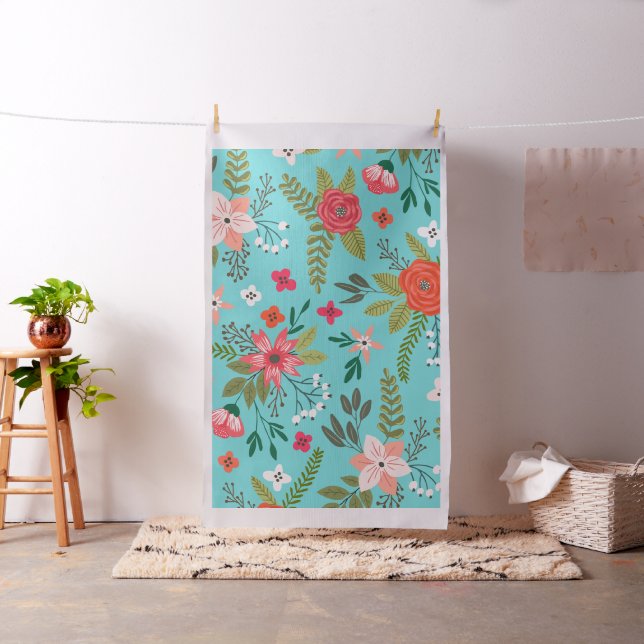 Turquoise and Coral Floral Pattern Fabric (In Situ)