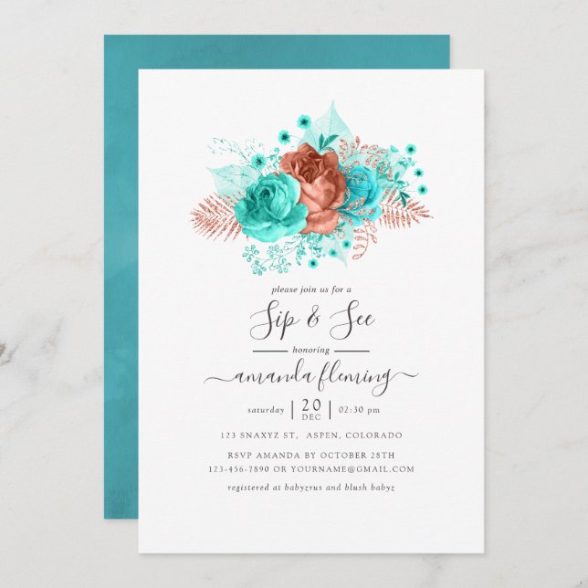 Turquoise and Coral Floral Sip and See Invitation (Front/Back)