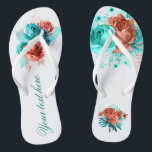 Turquoise and Coral Floral Tropical Wedding Favour Jandals<br><div class="desc">Turquoise and coral roses and tropical foliage summer wedding favours designed to be quickly and easily customised to your event specifics.</div>