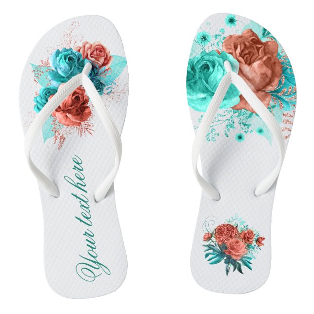 Turquoise and Coral Floral Tropical Wedding Favour Jandals (Footbed)