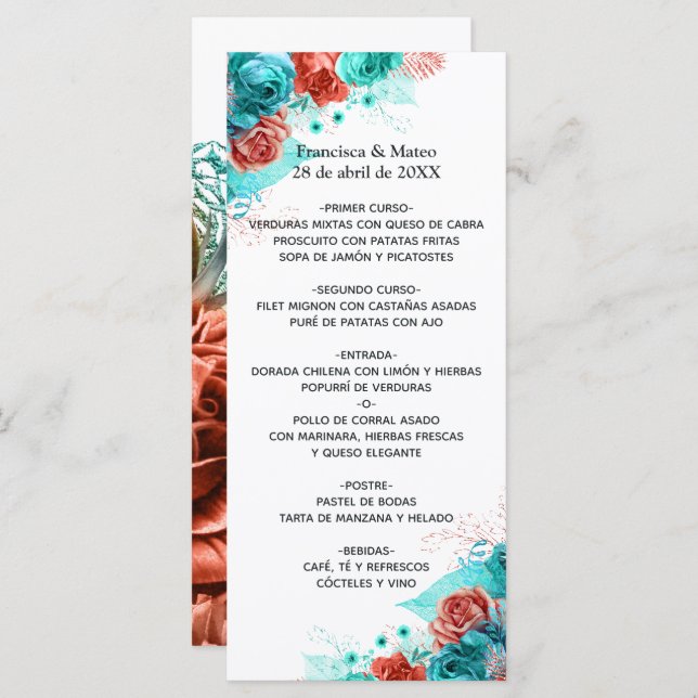 Turquoise and Coral Floral Tropical Wedding Menu (Front/Back)