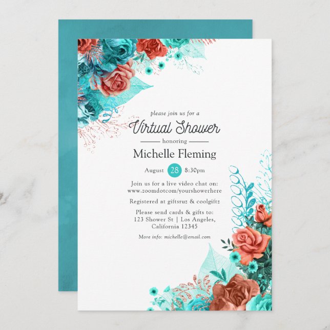 Turquoise and Coral Floral Virtual Shower Invitation (Front/Back)