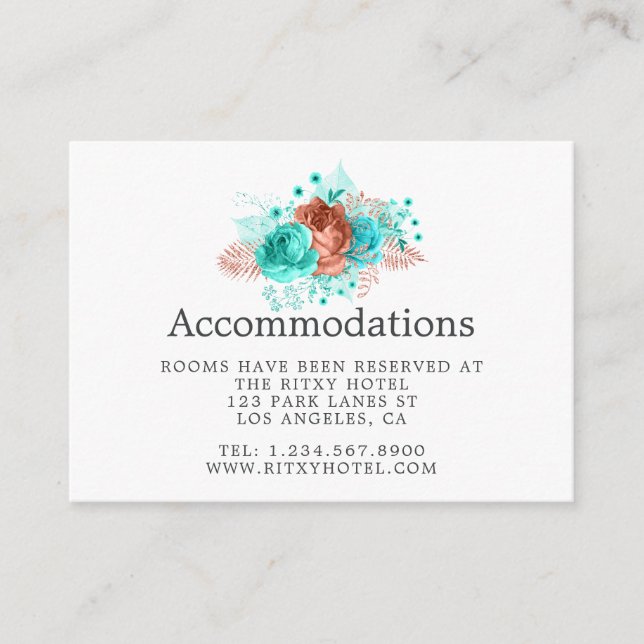 Turquoise and Coral Floral Wedding Accommodations Enclosure Card (Front)