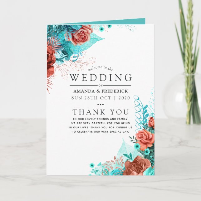 Turquoise and Coral Floral Wedding Programme (Front)