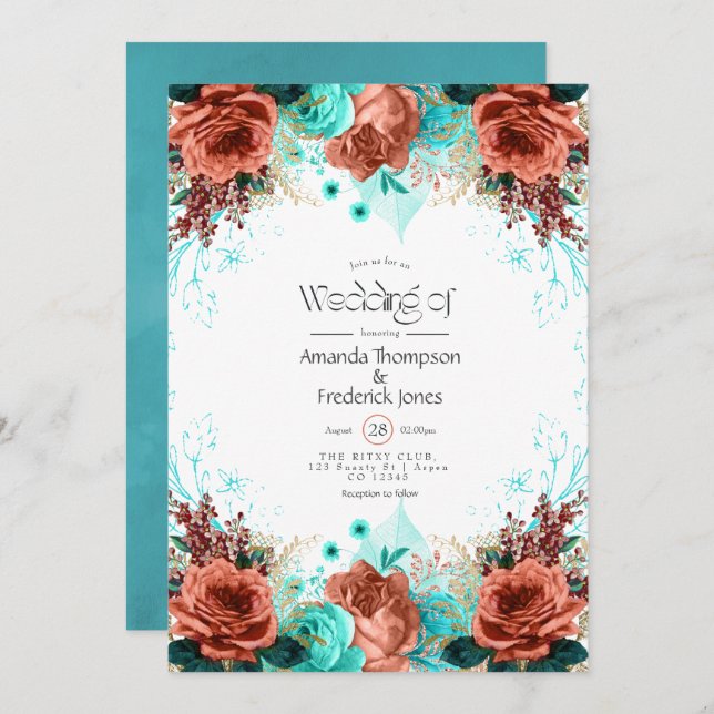Turquoise and Coral Rustic Floral Wedding Invitati Invitation (Front/Back)