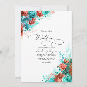 Turquoise and Coral Rustic Floral Wedding Invitation