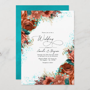 Turquoise and Coral Rustic Floral Wedding Invitation