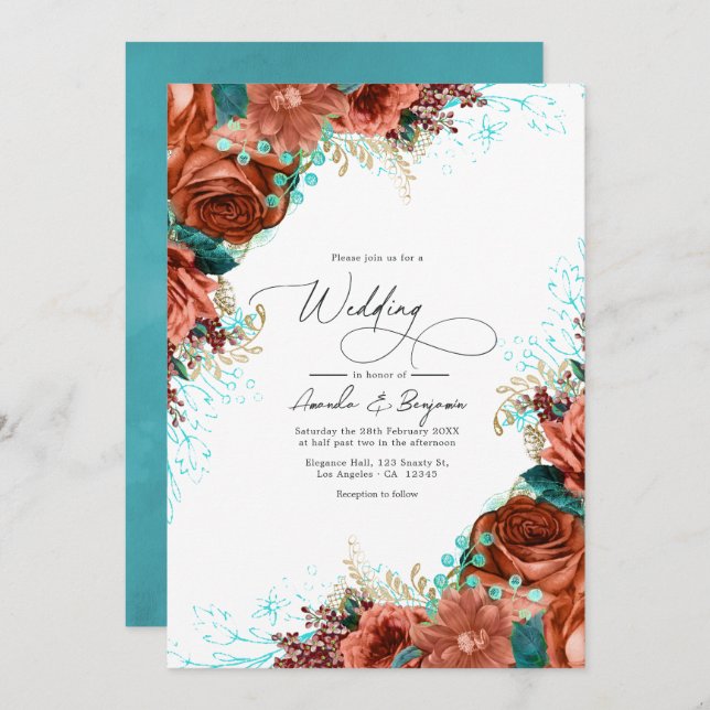 Turquoise and Coral Rustic Floral Wedding Invitation (Front/Back)