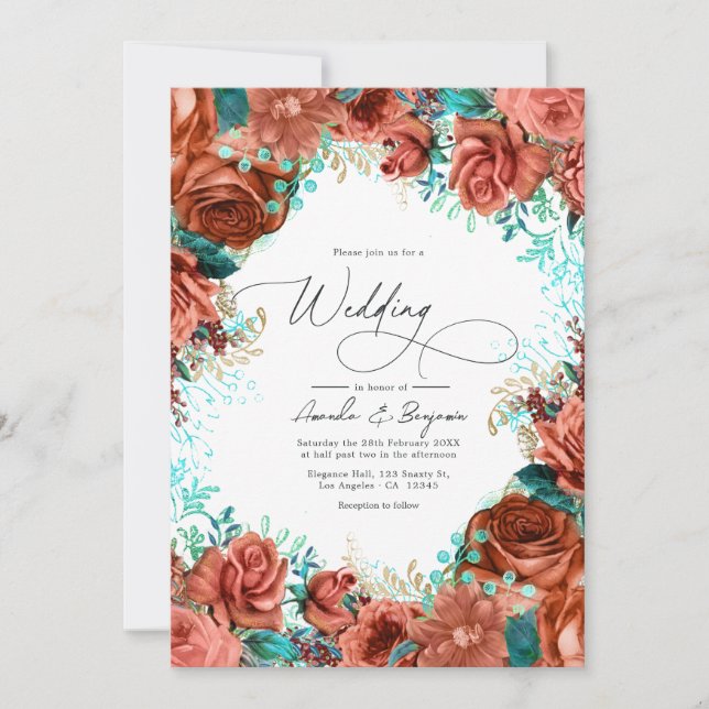 Turquoise and Coral Rustic Floral Wedding Invitation (Front)