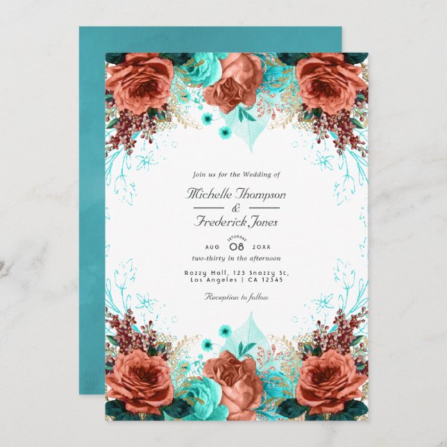 Turquoise and Coral Rustic Floral Wedding Photo In Invitation (Front/Back)