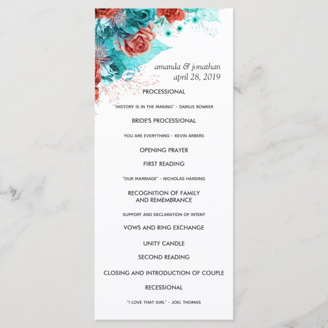 Turquoise and Coral Rustic Floral Wedding Programme (Front)