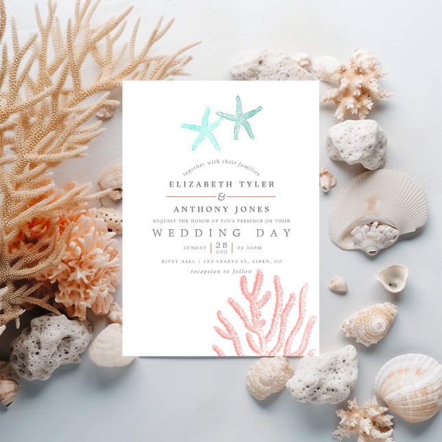 Turquoise and Coral themed Beach Wedding Invitation (Creator Uploaded)