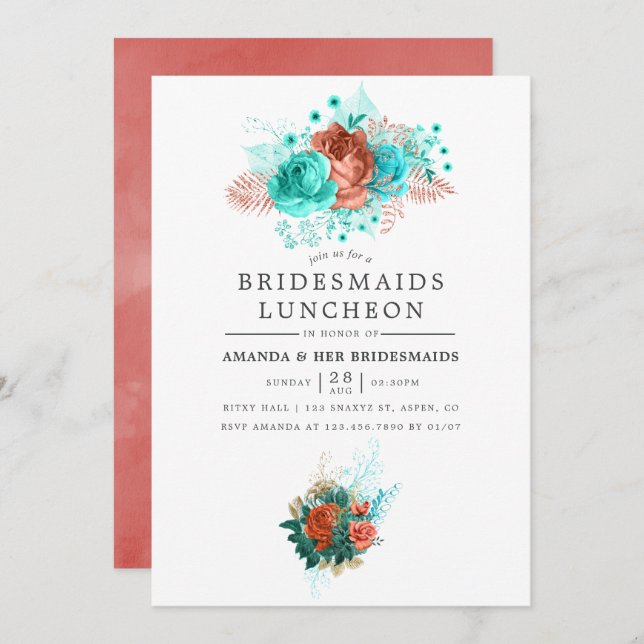 Turquoise and Coral Tropical Bridesmaids Luncheon Invitation (Front/Back)