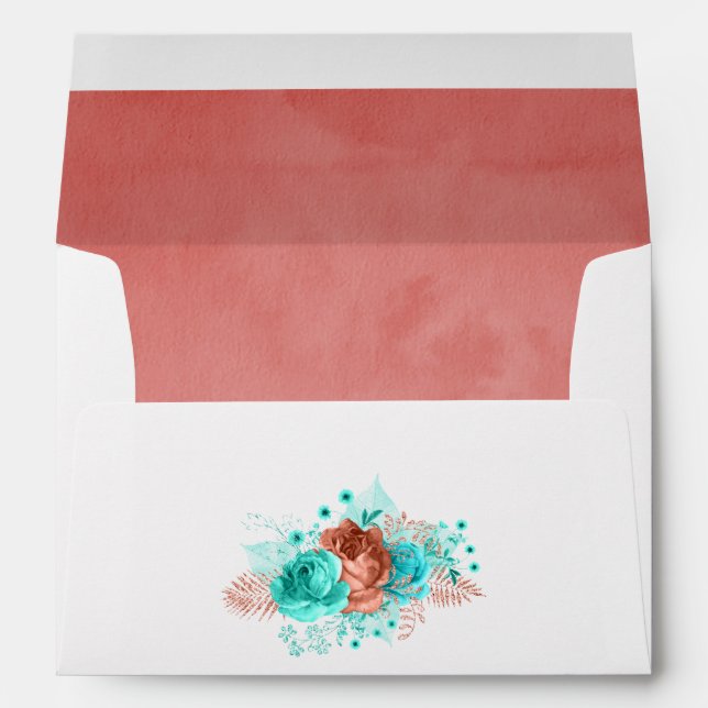 Turquoise and Coral Tropical Floral Wedding Envelope (Back (Bottom))