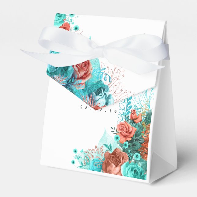 Turquoise and Coral Tropical Wedding Guest Thanks Favour Box (Front Side)
