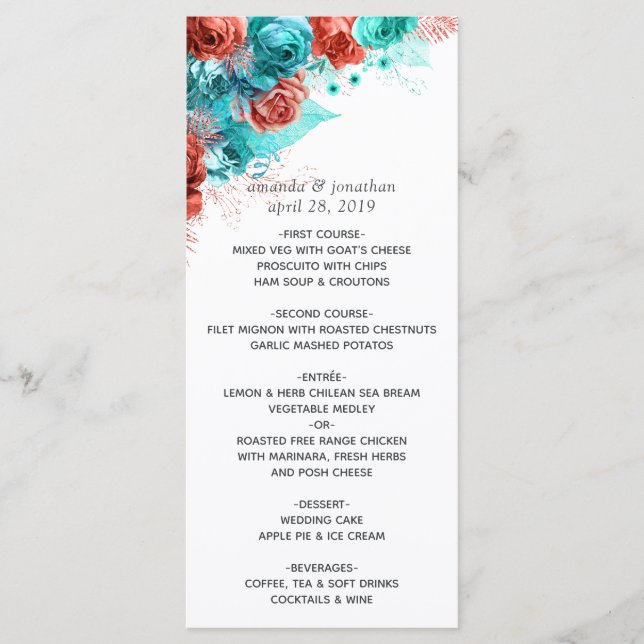 Turquoise and Coral Tropical Wedding Menu (Front)