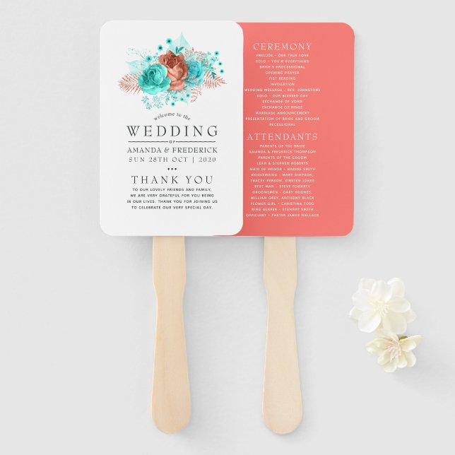 Turquoise and Coral Tropical Wedding Program Hand Fan (Front and Back)