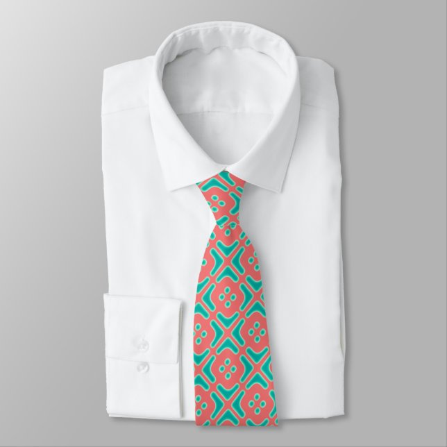 Turquoise and Coral Unique Pattern Tie (Tied)