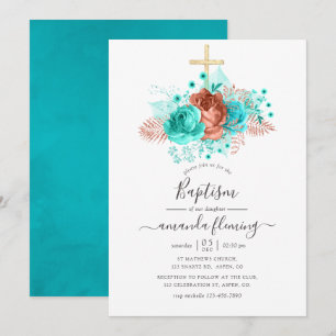 Turquoise and Coral Watercolor Floral Baptism Invitation