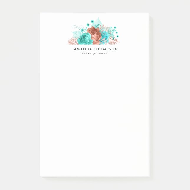 Turquoise and Coral Watercolor Floral Post-it Notes (Front)