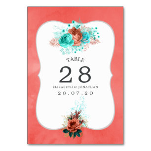 Turquoise and Coral Watercolor Floral Table Number