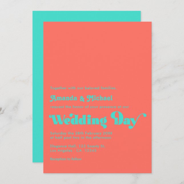 Turquoise and Coral Wedding Invitation (Front/Back)