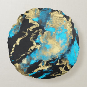 Turquoise and Gold Abstract Art Round Cushion