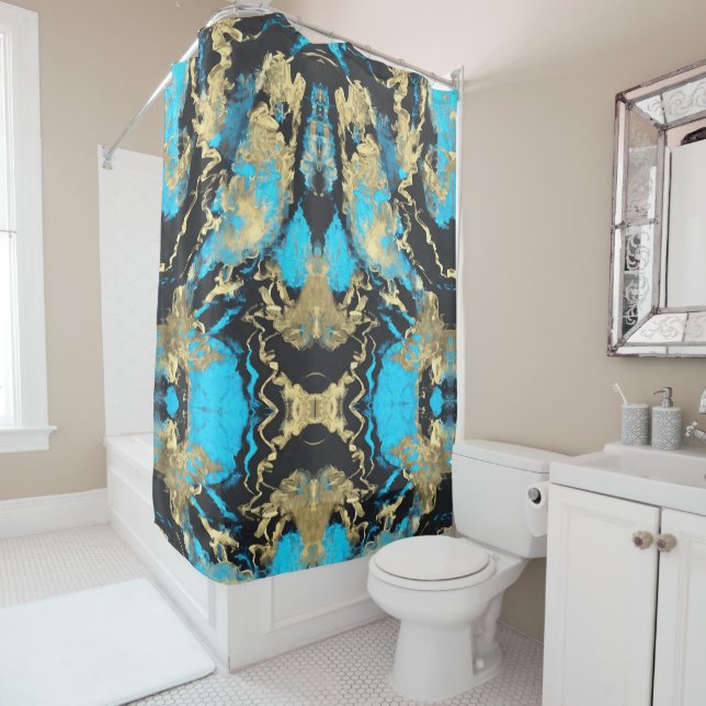 Turquoise and Gold Abstract Art   Sherpa Blanket Shower Curtain (In Situ)