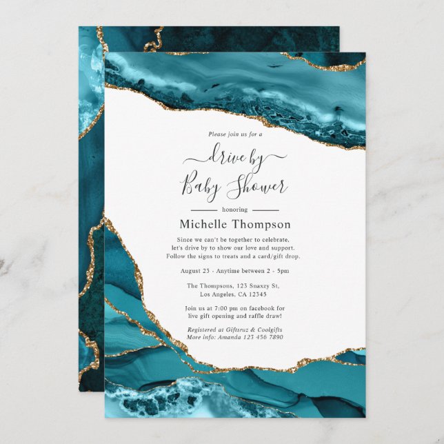 Turquoise and Gold Agate Drive By Shower Invitation (Front/Back)
