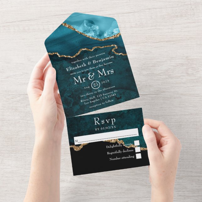 Turquoise and Gold Agate Wedding All In One Invitation (Tearaway)