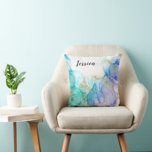 Turquoise and Gold Alcohol Ink & Name Cushion