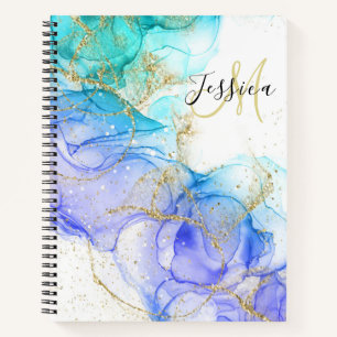Turquoise and Gold Alcohol Ink & Name Notebook