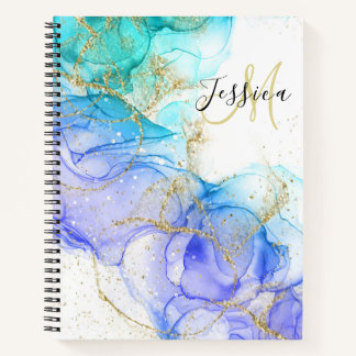 Turquoise and Gold Alcohol Ink & Name Notebook