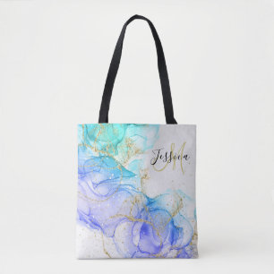 Turquoise and Gold Alcohol Ink & Name  Tote Bag