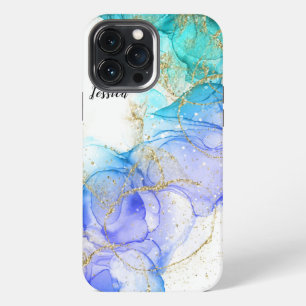 Turquoise and Gold Alcohol Ink & Your Name iPhone 13 Pro Max Case