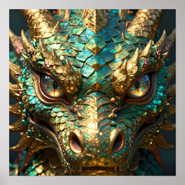 Turquoise and Gold Dragon Face Poster (Front)