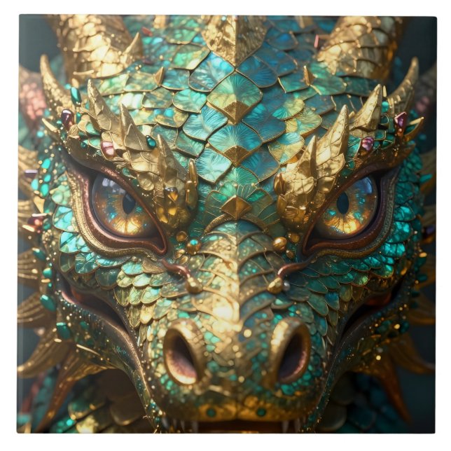 Turquoise and Gold Dragon Face Tile (Front)