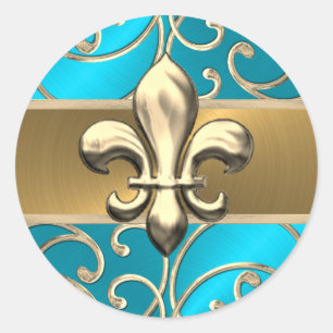 Turquoise and Gold Filigree Swirls Fleur de Lis Classic Round Sticker