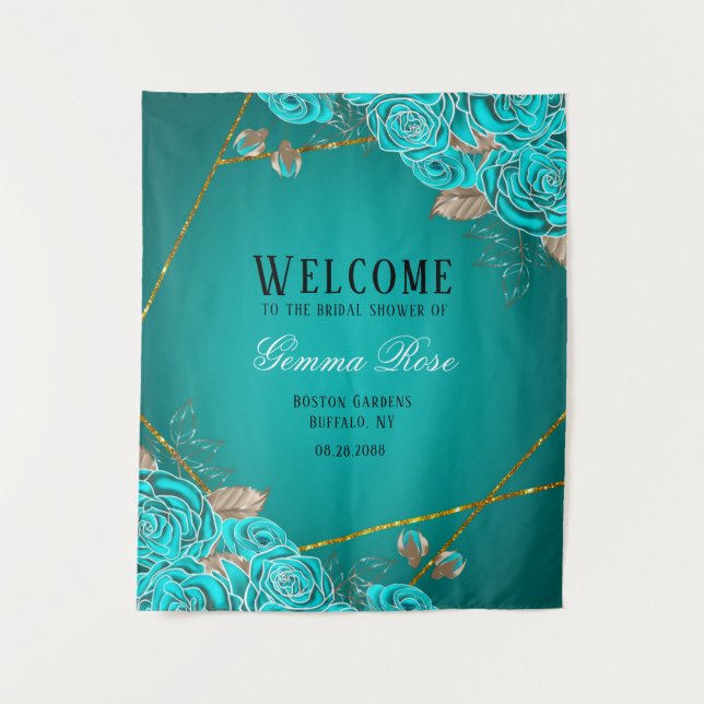 Turquoise and Gold Floral Bridal Shower Welcome Tapestry (Front)