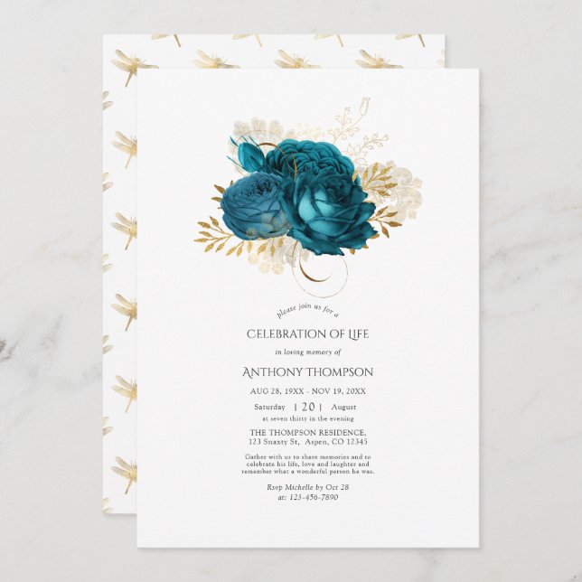 Turquoise and Gold Floral Celebration of Life  Invitation (Front/Back)