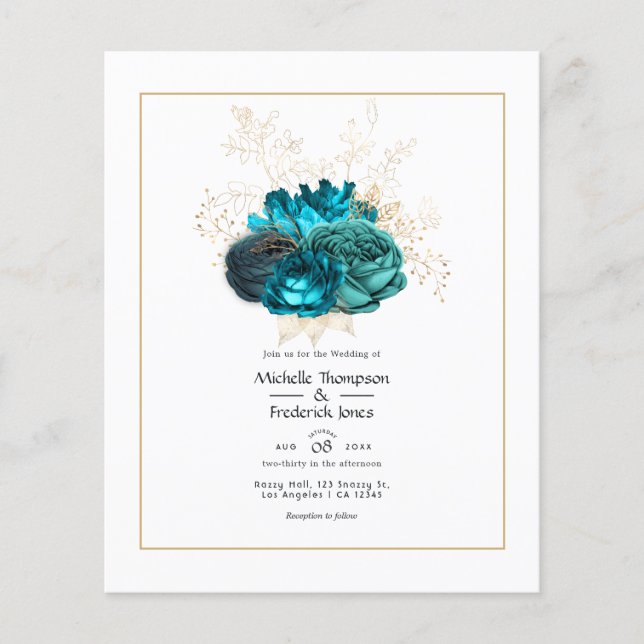 Turquoise and Gold Floral Wedding Flyer (Front)