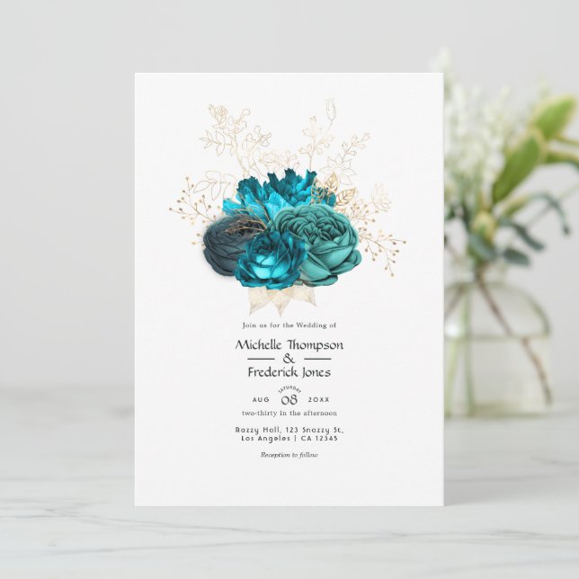 Turquoise and Gold Floral Wedding Invitation (Standing Front)