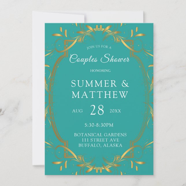 Turquoise and Gold Flourish Wedding Shower Invitation (Front)