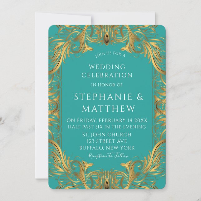Turquoise and Gold Flourishes Wedding Invitation (Front)