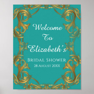 Turquoise and Gold Flourishes Wedding Sign