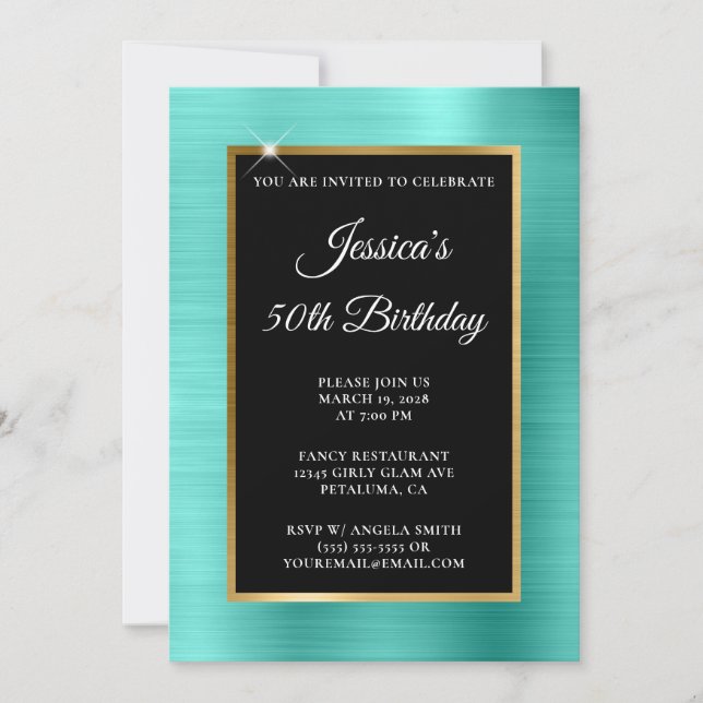 Turquoise and Gold Foil Black 50th Birthday Invitation (Front)