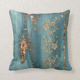 Turquoise and Gold Foil Flowers Cushion