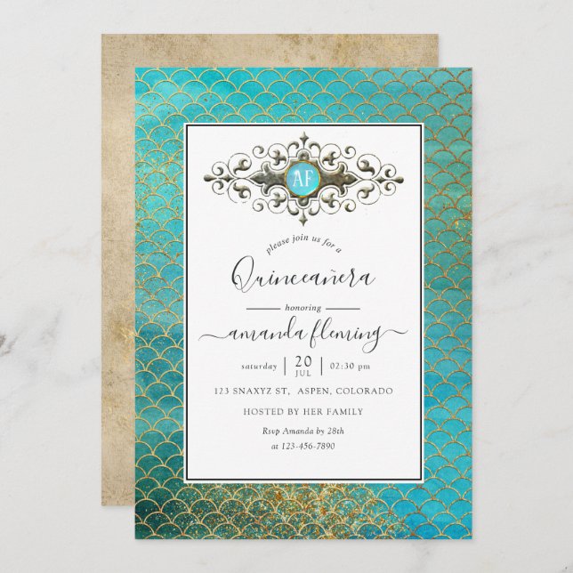 Turquoise and Gold Gemstone Mermaid Quinceañera Invitation (Front/Back)