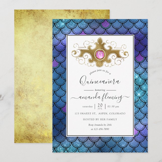 Turquoise and Gold Gemstone Mermaid Quinceañera Invitation (Front/Back)